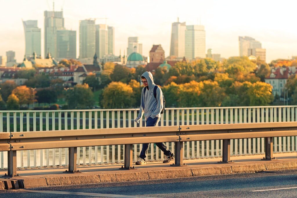 bridge, walkway, metallic, river, city, architecture, buildings, skyscrapers, cityscape, autumn, city, city, city, city, city